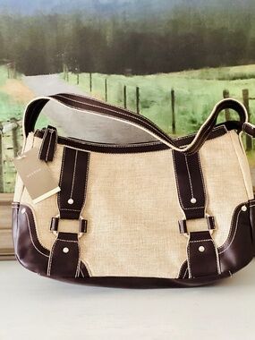 NWT MERONA Beige Brown Canvas Faux Leather Shoulder Bag Purse Hobo Buckles Large